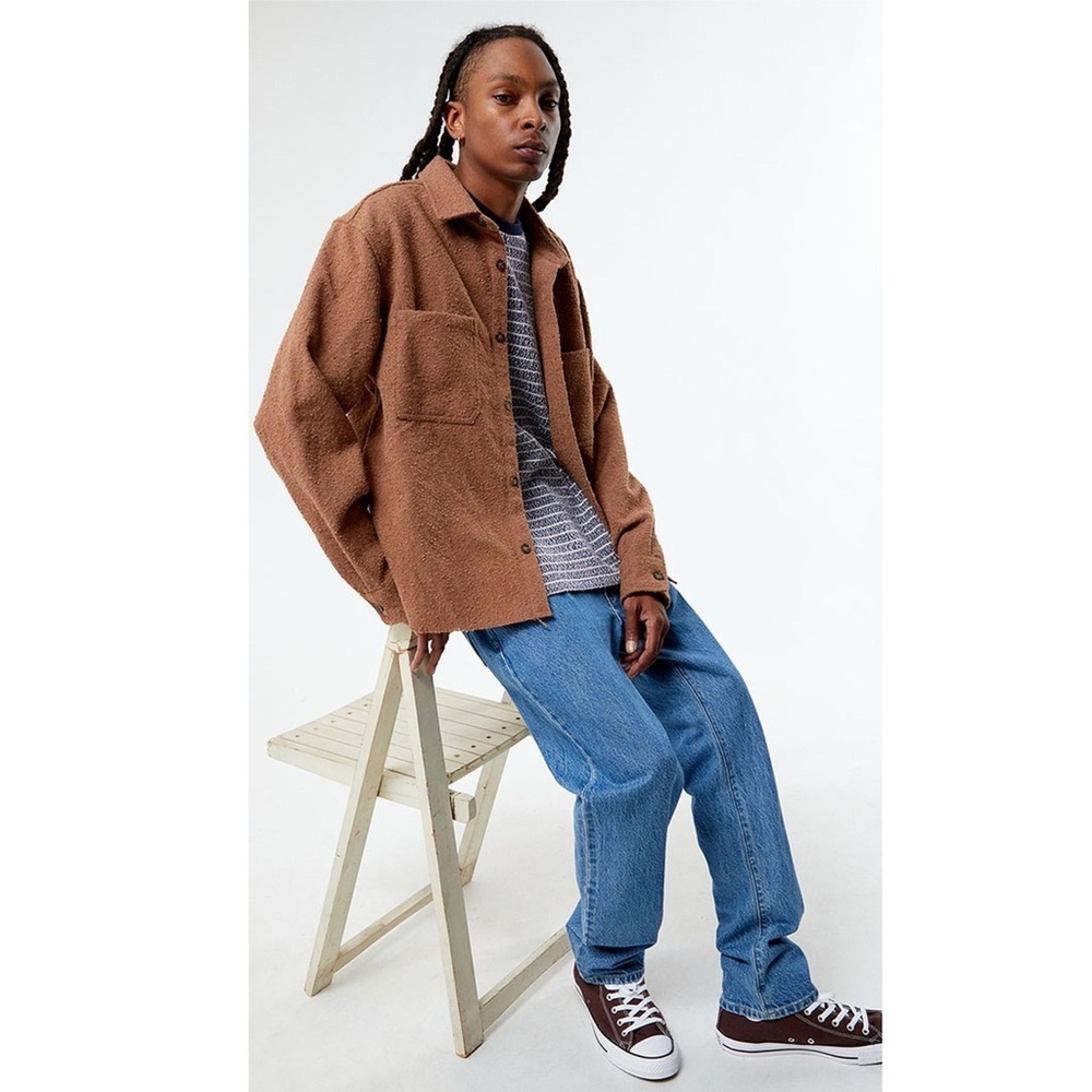 NWT PacSun Brown Oversized Wooly Shacket Textured Button Front Chest Pockets L - Picture 12 of 13
